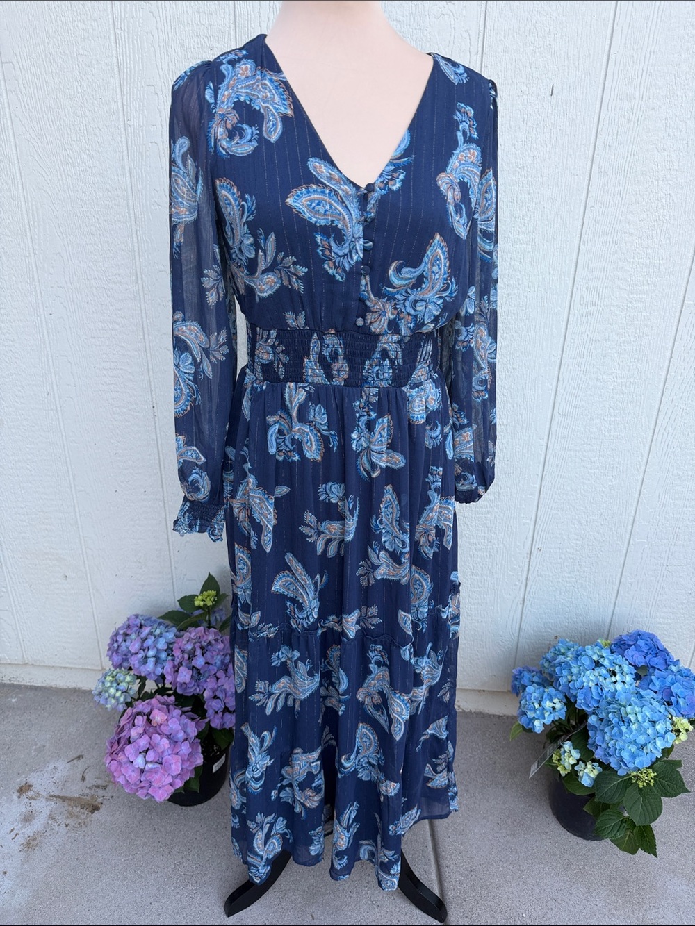 Lucky Brand Navy Blue Paisley Maxi Dress with Light Blue and Cream Accents